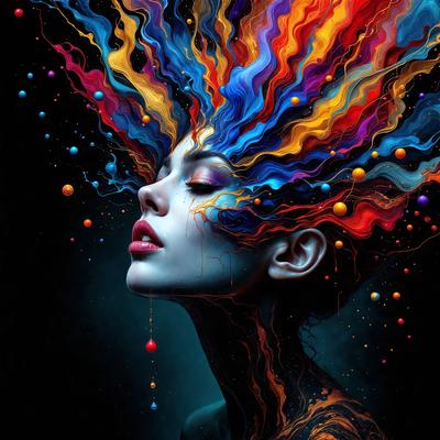 The primary subject of the image is a woman with a vibrant and colorful head, featuring a mix of red, blue, yellow, and orange colors. She is surrounded by a variety of colorful balls, which are scattered throughout the scene. The setting appears to be a dark, moody environment, possibly a nighttime cityscape. The visual style of the image is a combination of digital art and illustration, creating a unique and captivating portrait of the woman. The colors and mood of the image evoke a